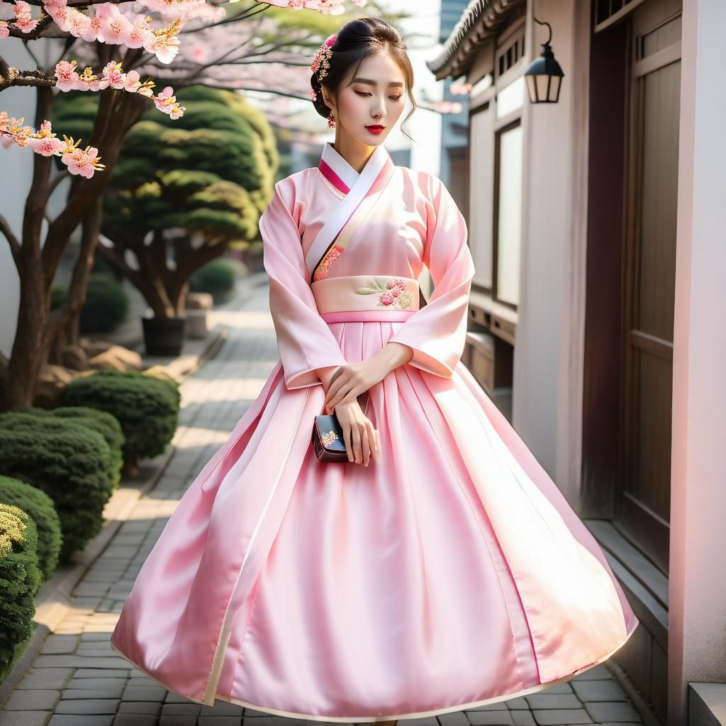 Korean Girl in Pink Hanbok Dress in Seoul