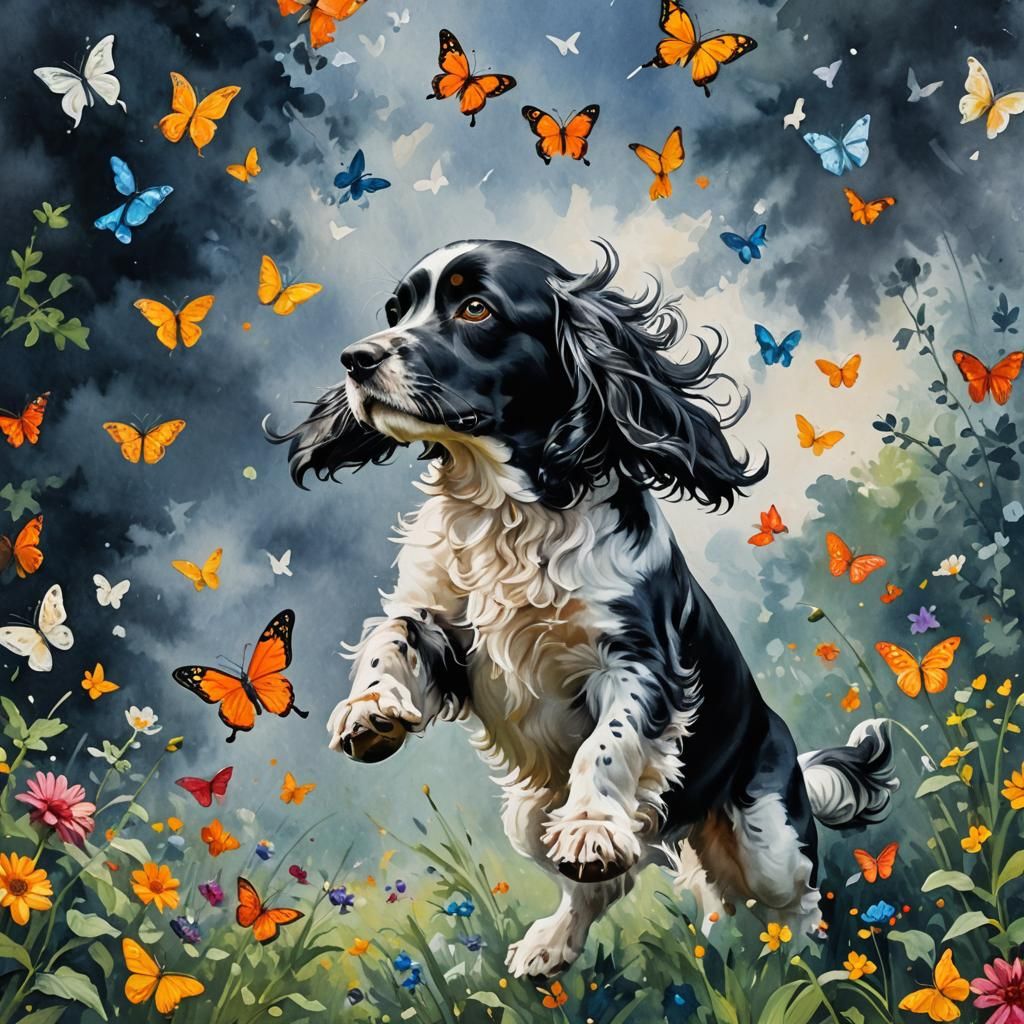 Cocker Spaniel and Butterfly in Gouache Style
