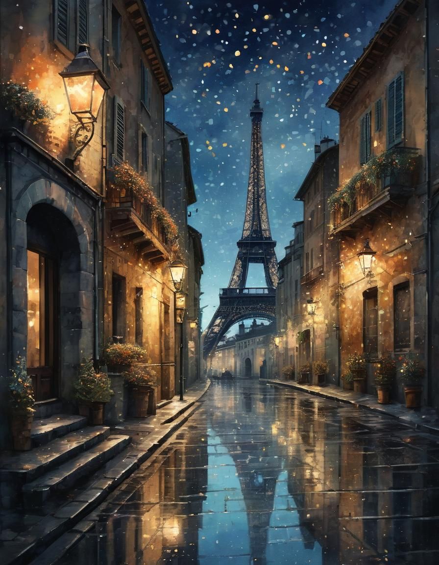 Parisian Street at Dusk: Eiffel Tower in Watercolor Style