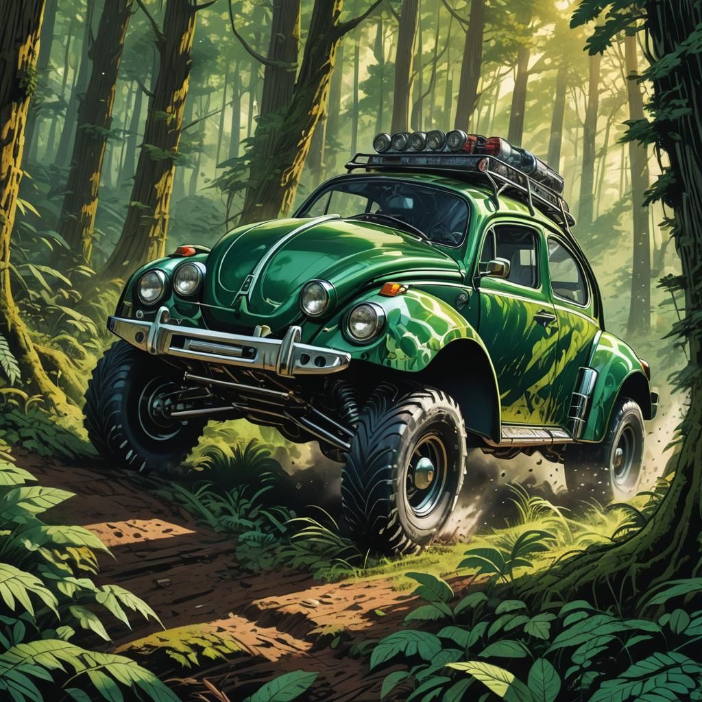 Futuristic Hybrid Vehicle Races Through Forest: Comic Book A...