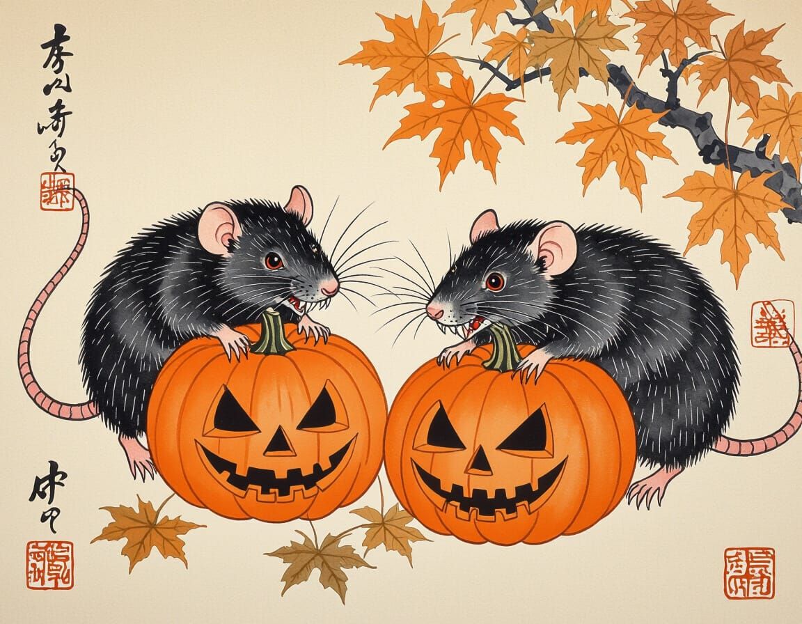 Ferocious Rats and Pumpkins in Ukiyo-e Autumn Harvest Style