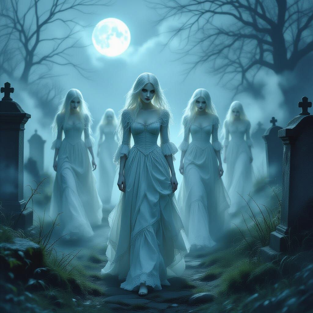 Ethereal Victorian Ghosts in Moonlit Graveyard