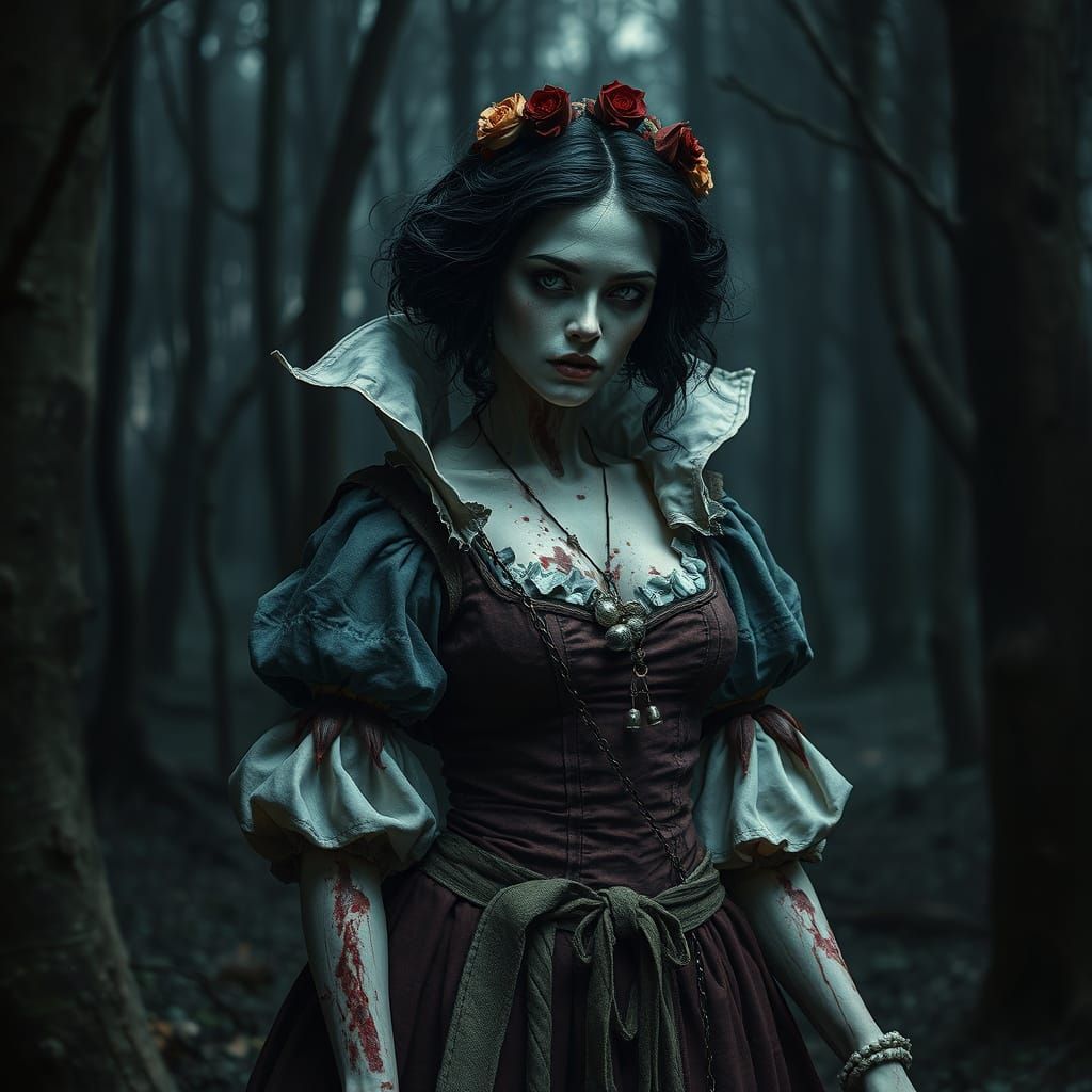 Reanimated Snow White in Dark Forest, Dystopian Art