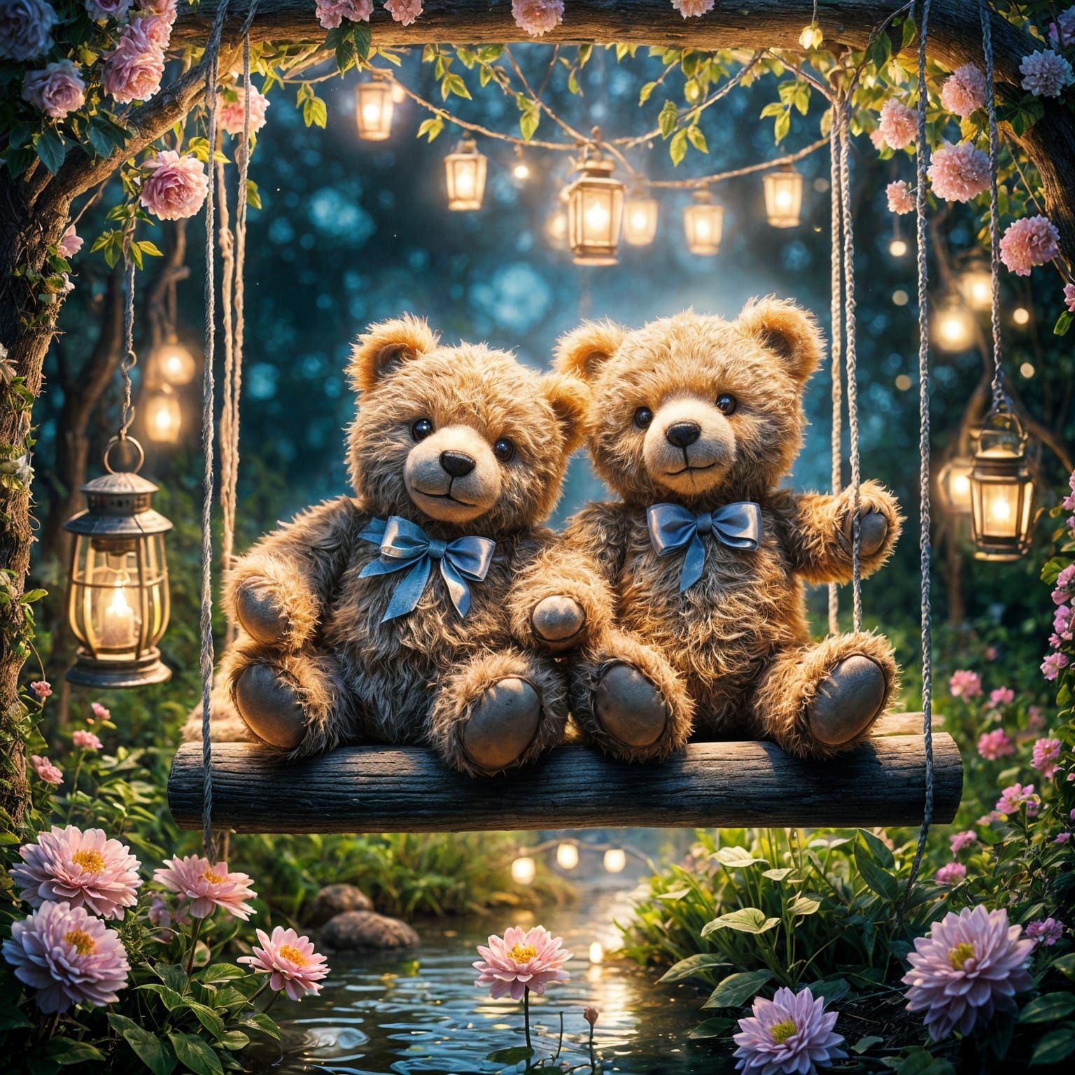 Teddy Bears on a Garden Swing at Night