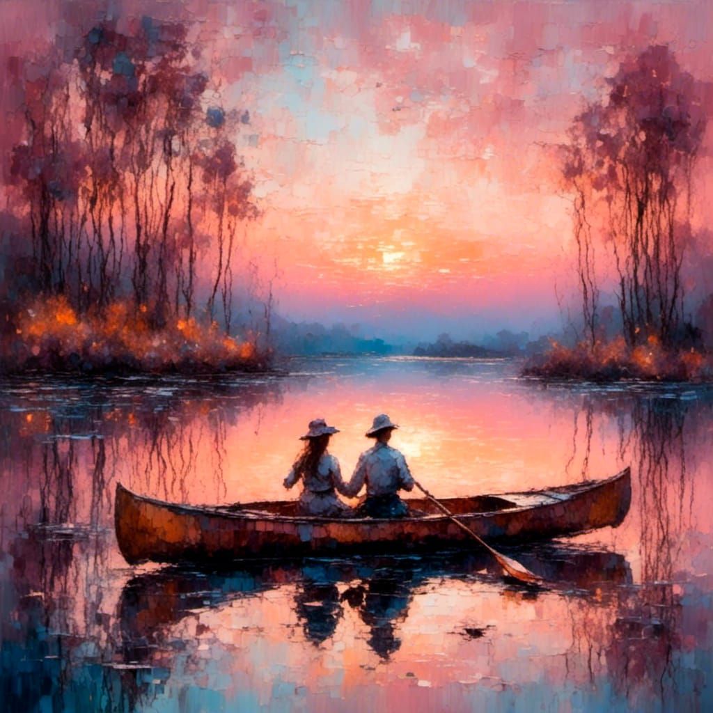 Impressionist Canoe Ride on Calm Lake at Sunset