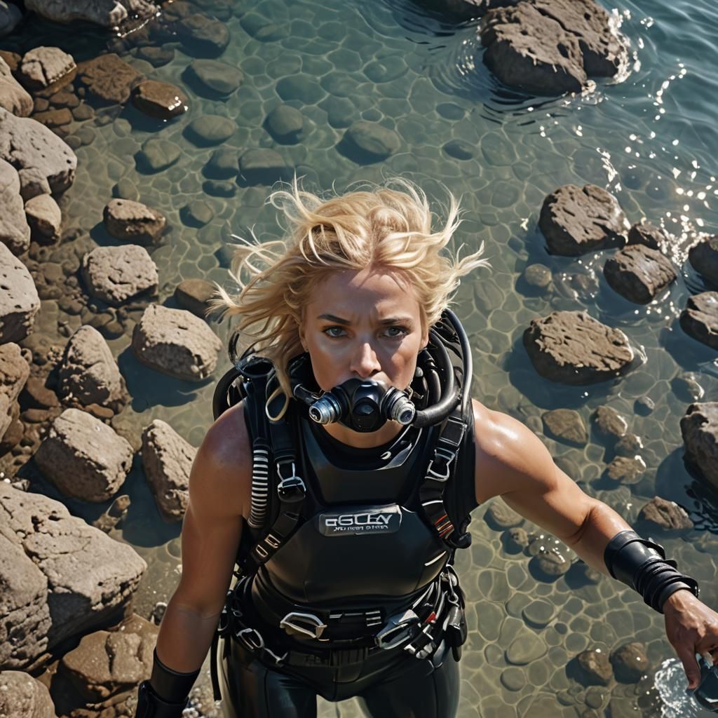 Blonde Scuba Diver on Greek Beach in Digital Painting