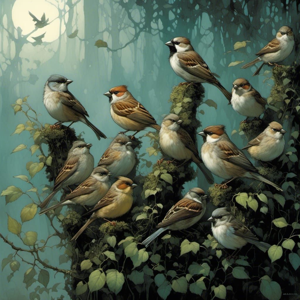 House Sparrows in Hedge, Comic Book Illustration