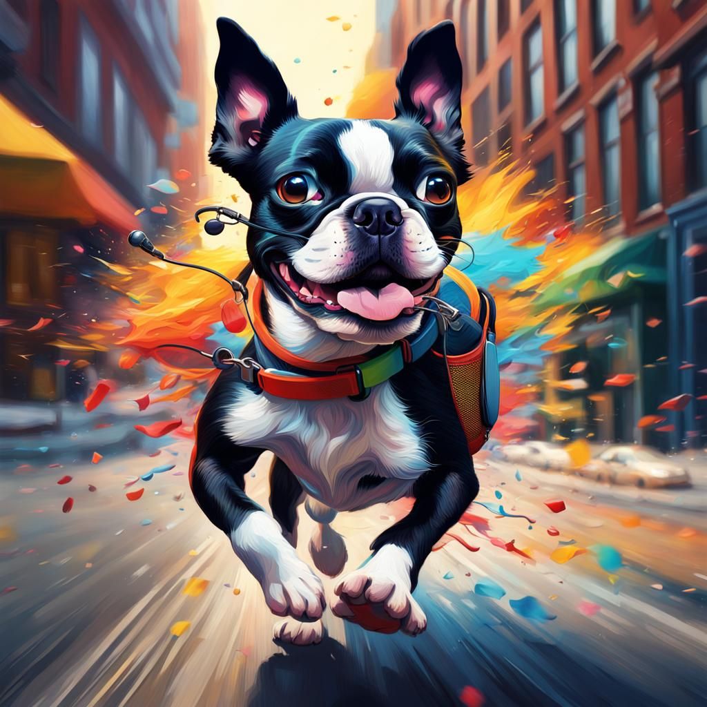Boston Terrier Listens to Music in Hyperrealistic Splash Art