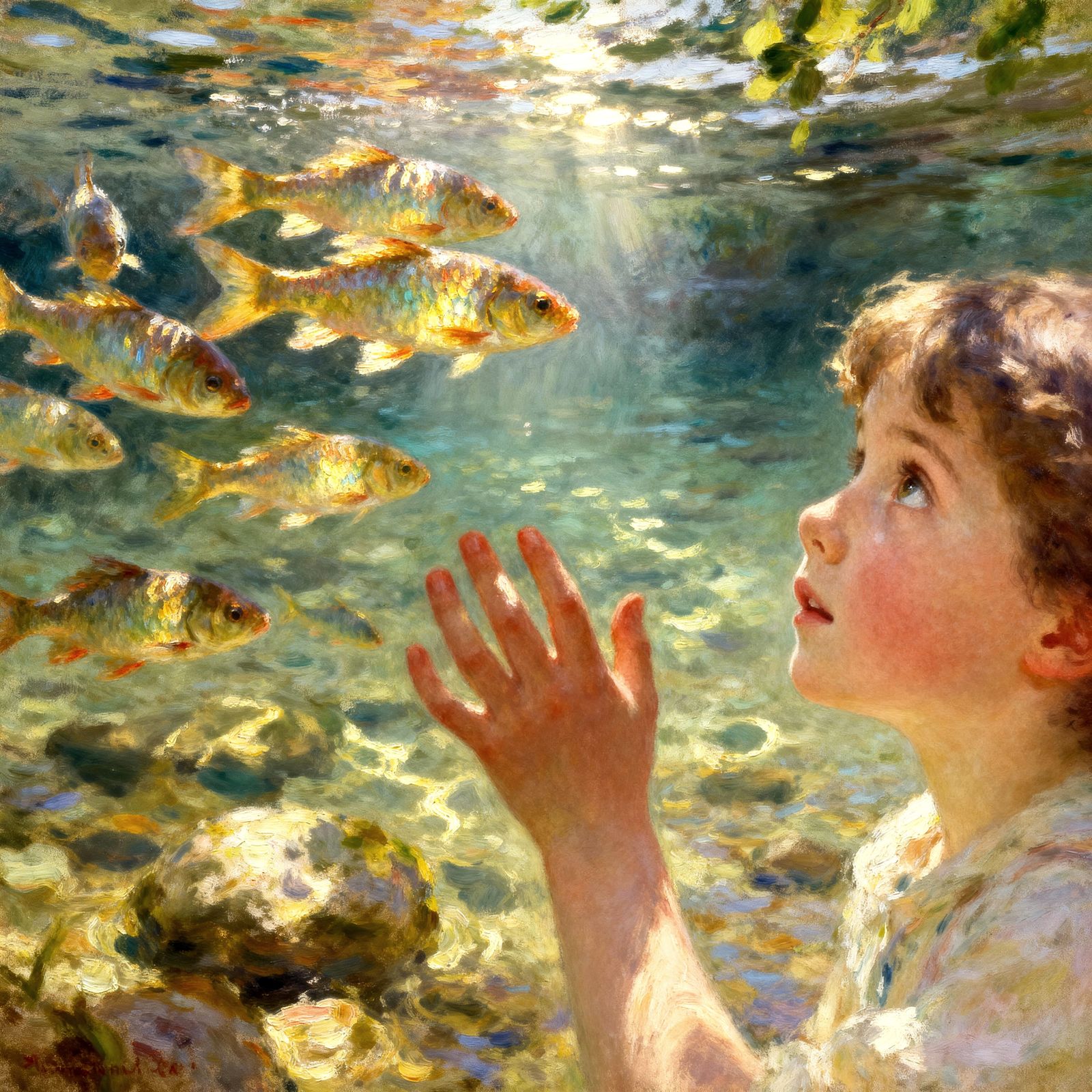 Child's Wonder at River Life in Nostalgic Impressionism