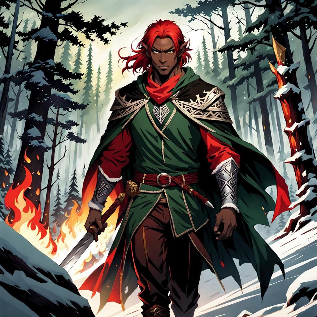 Anime Elf Warrior with Flaming Sword in Forest