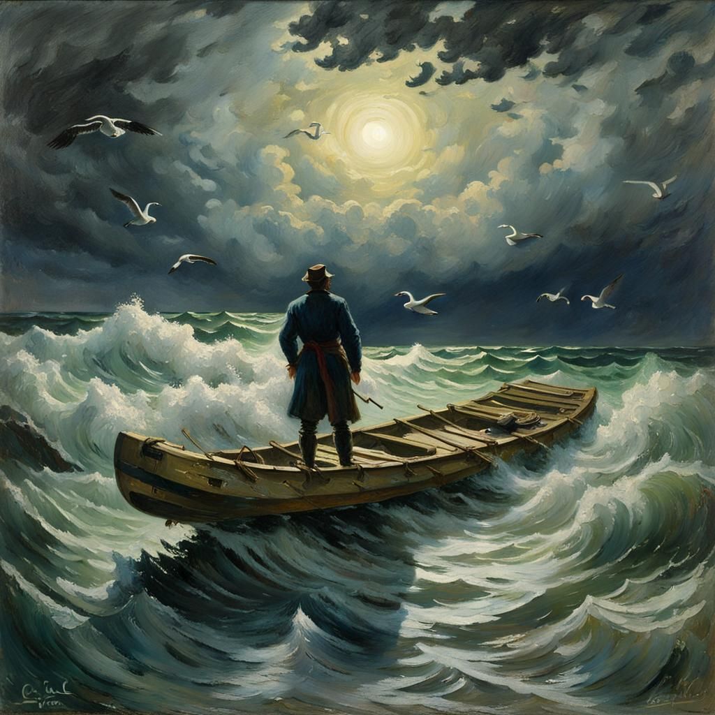Man on Raft in Stormy Sea, Gouache Style