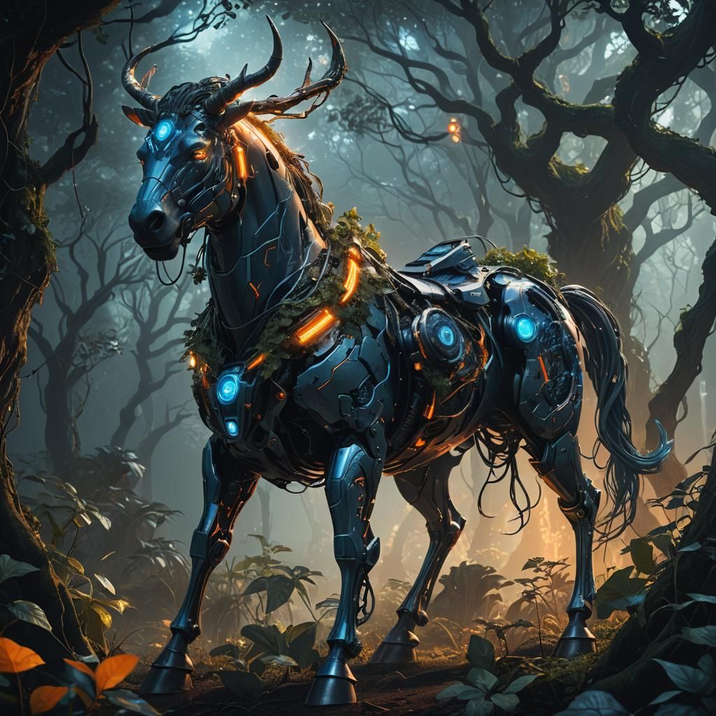 Cyborg Centaur in Mystical Forest Concept Art
