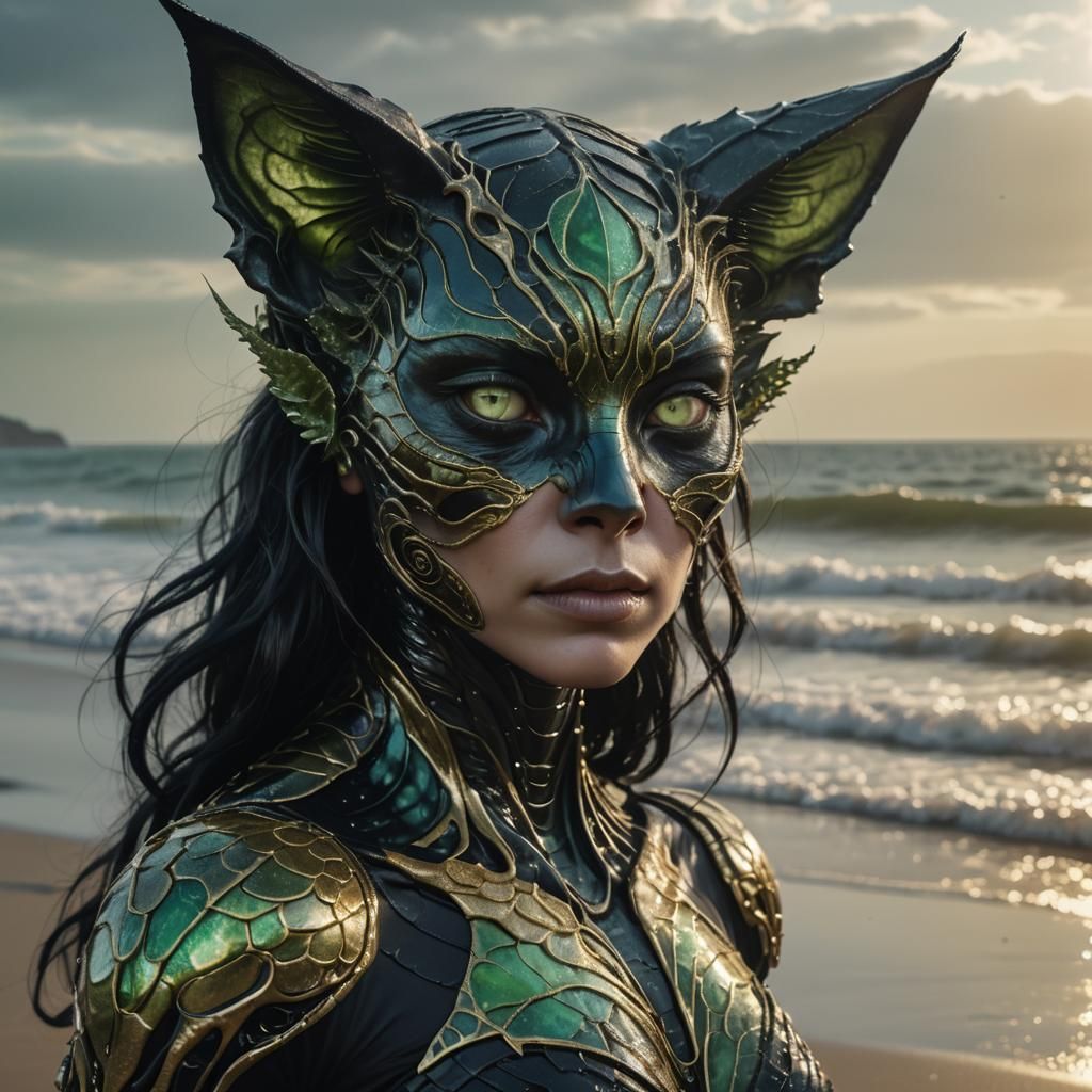 Alien Cat Woman Portrait in Giger Style