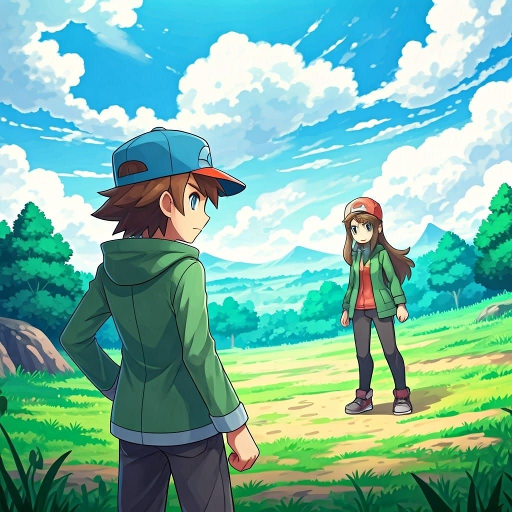 Anime Pokémon Battle in Sunlit Landscape