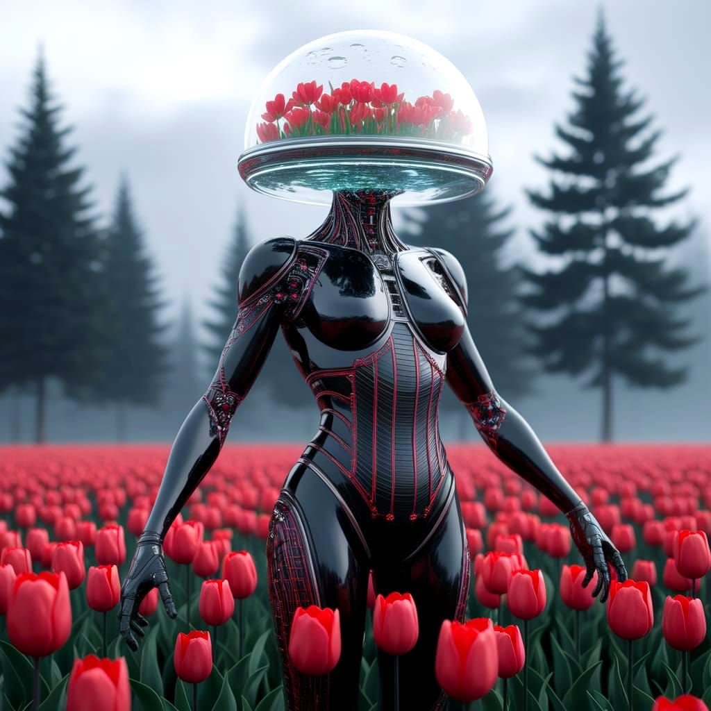 Cybernetic Humanoid Amongst Red Tulips in a Futuristic Lands...