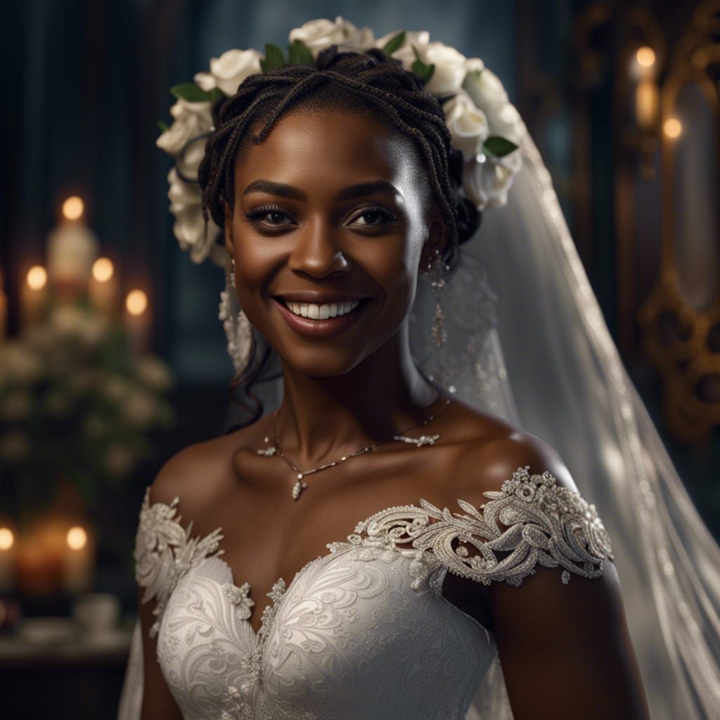 Smiling Black Woman Bride Portrait in Detailed Matte Paintin...