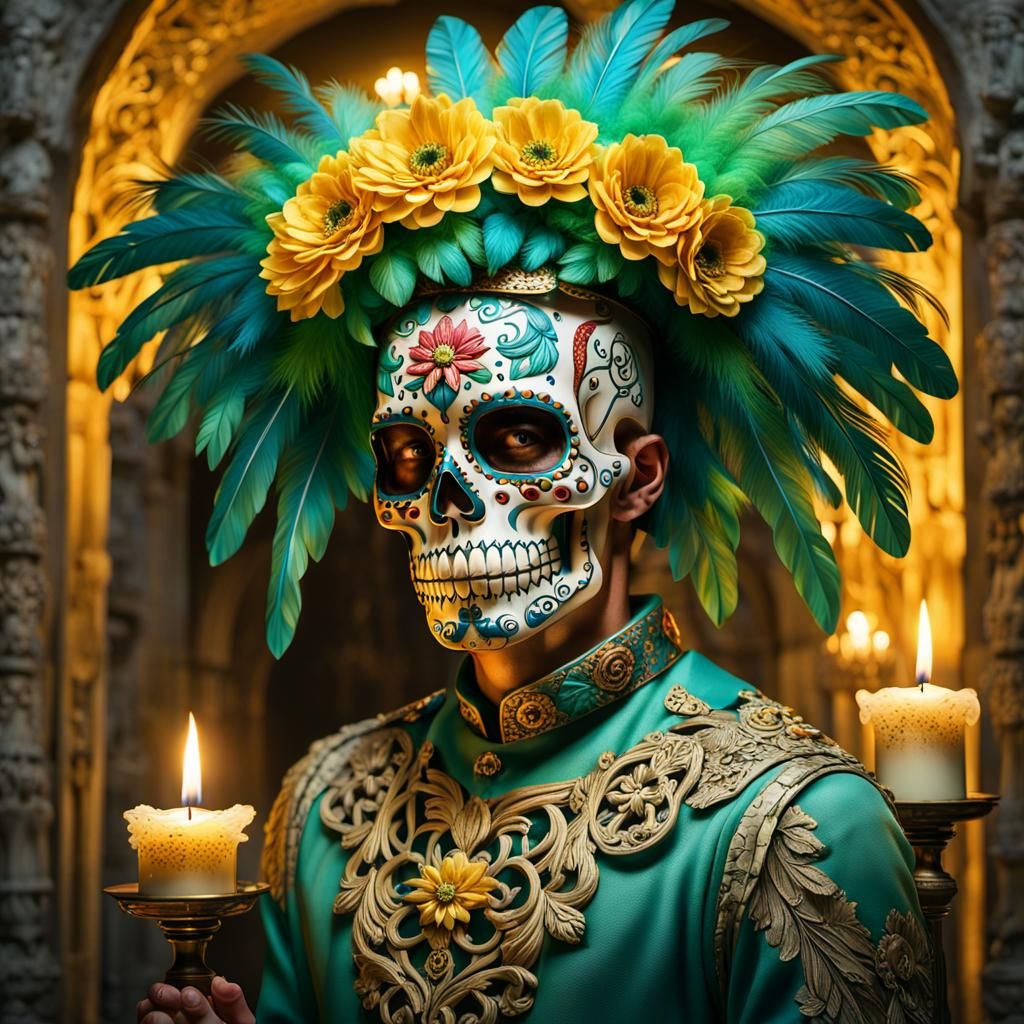 Colorful Sugar Skull Couple in Candlelight, Folk Art