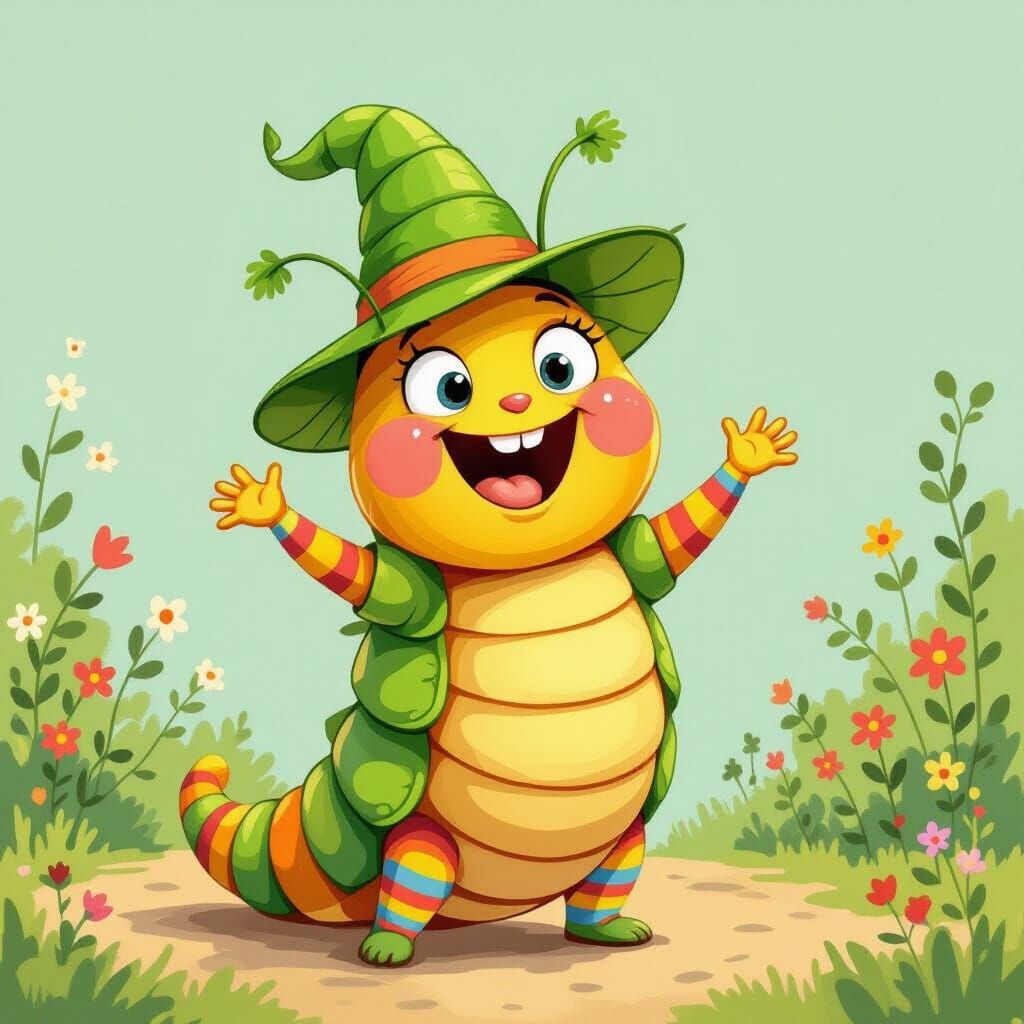 Excited Caterpillar Waving in Whimsical Style