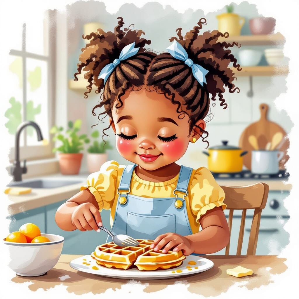 Girl Helping Mother Cook Waffles in Watercolor Style