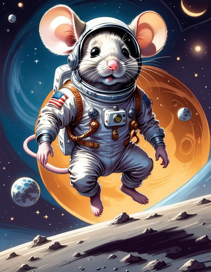 Astronaut Mouse Bouncing on the Moon in Comic Book Art