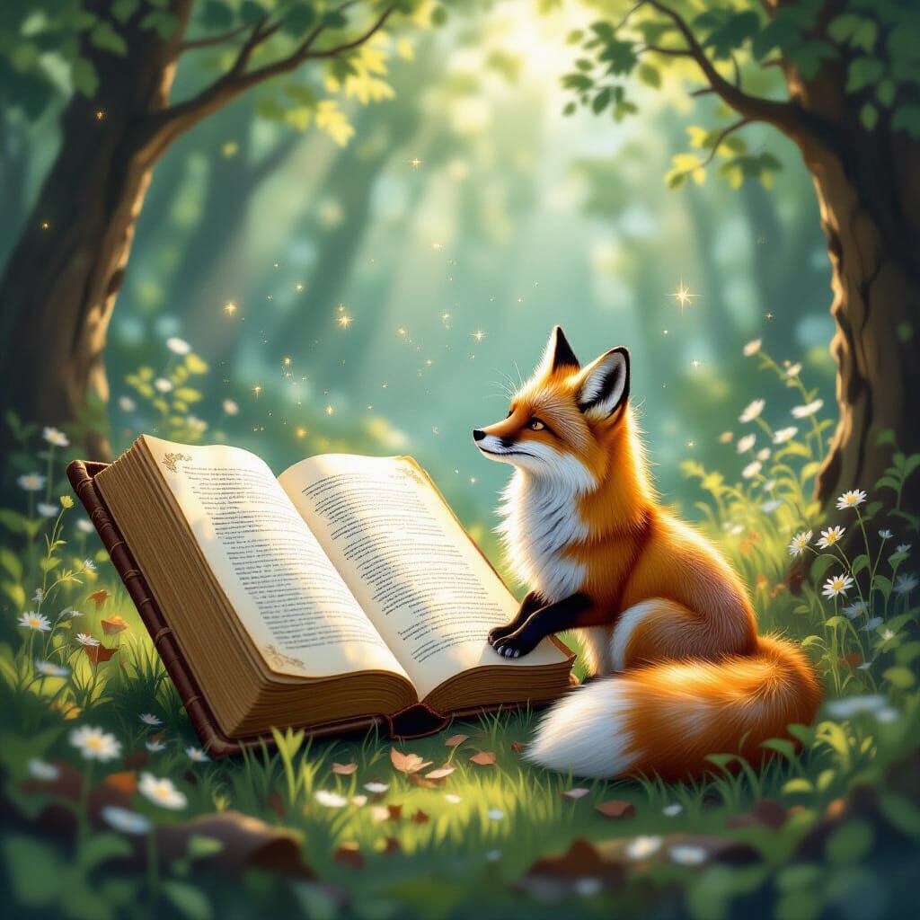 Ancient Book of Stars in Sunlit Glade with Fox