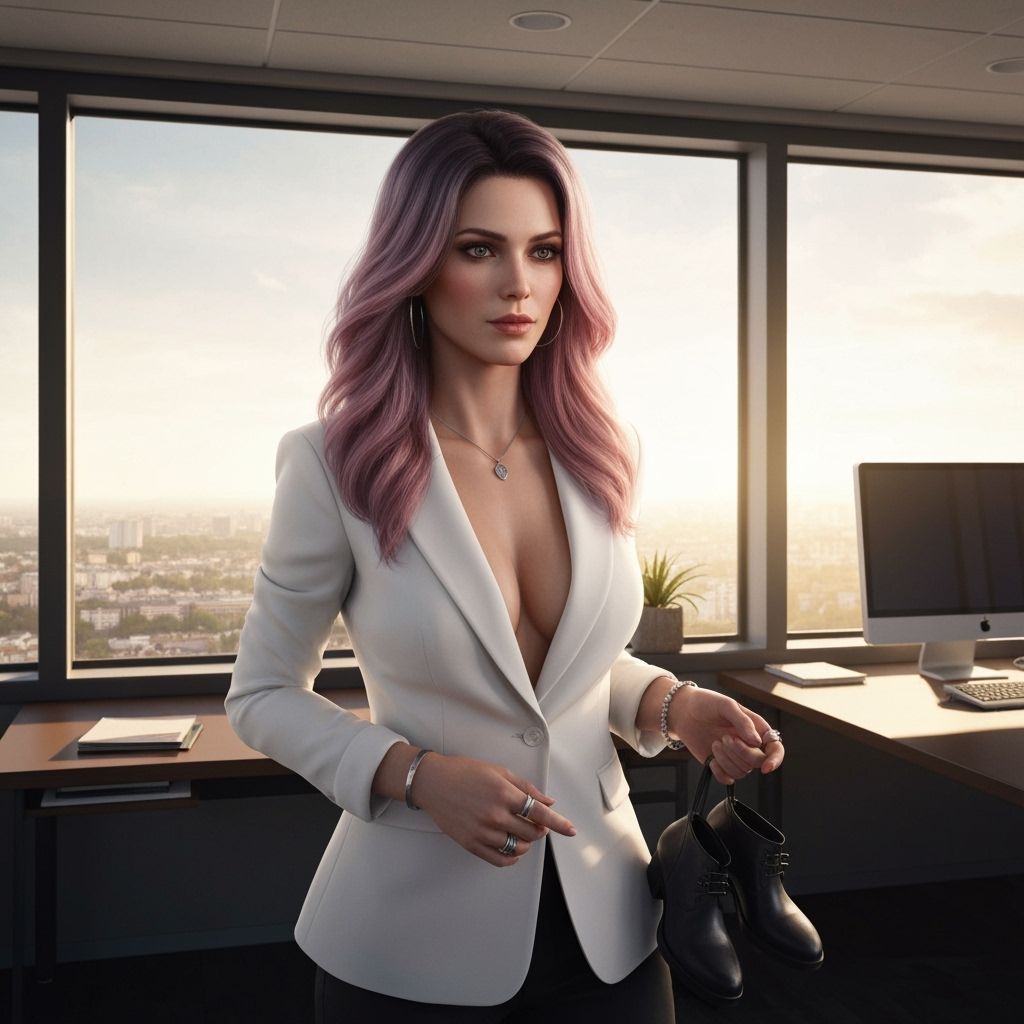 Elegant Woman in City Office at Sunset