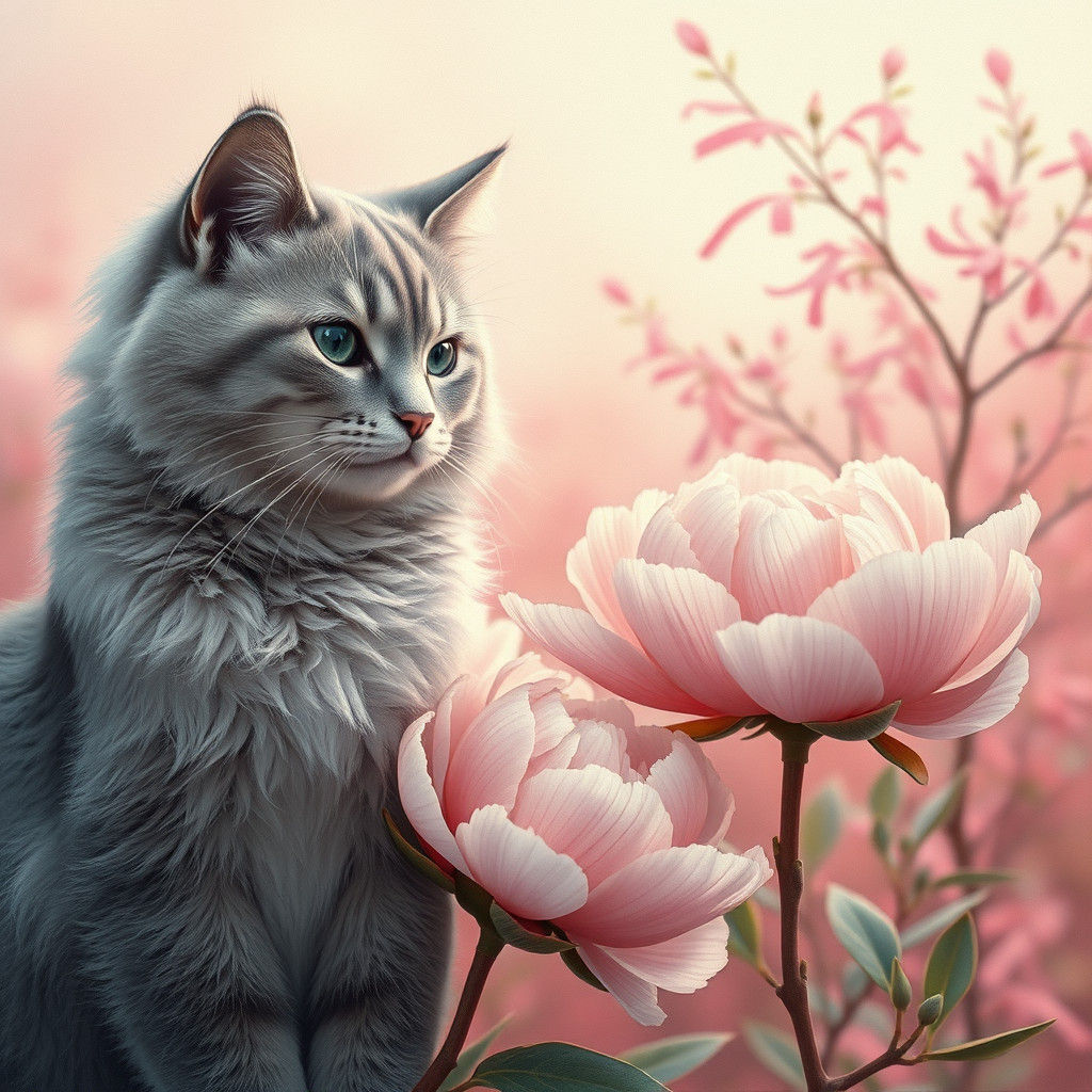 Dreamy Peonies with Cat in Klimt-Ebru Style