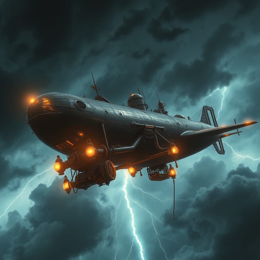 Dieselpunk Airship Soaring Through Stormy Skies