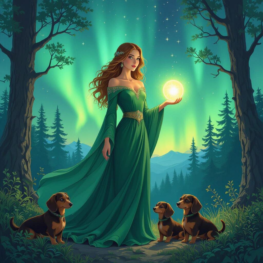 Finnish Goddess Under Northern Lights with Dachshunds