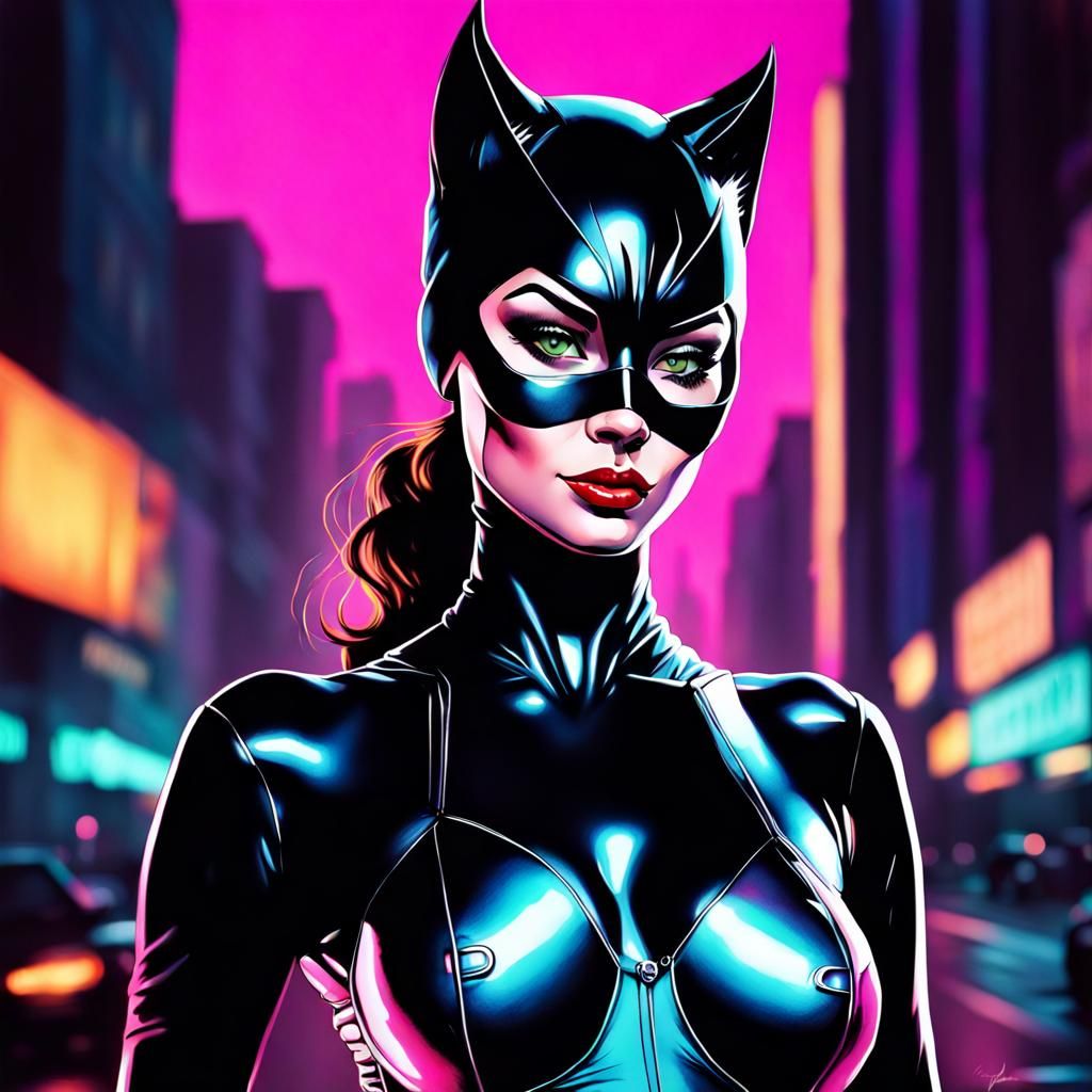 Catwoman Portrait in Expressionistic Watercolor Style