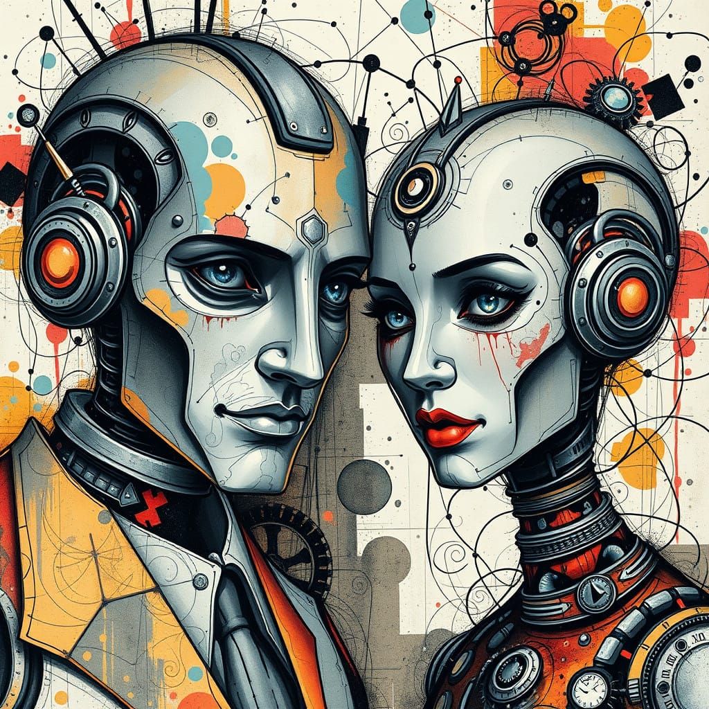 Vintage Robot Portrait Fusion in Cubist Style