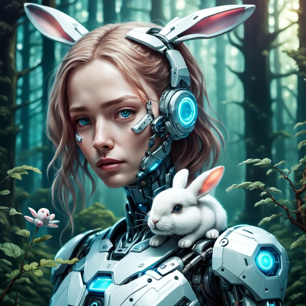 Cyborg Robot with Bunny in Futuristic Forest