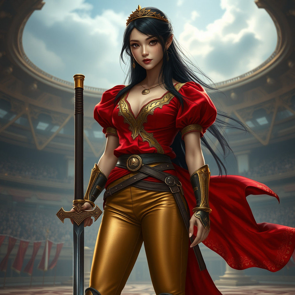 Warrior Princess in Crimson and Gold, Fantasy Concept Art