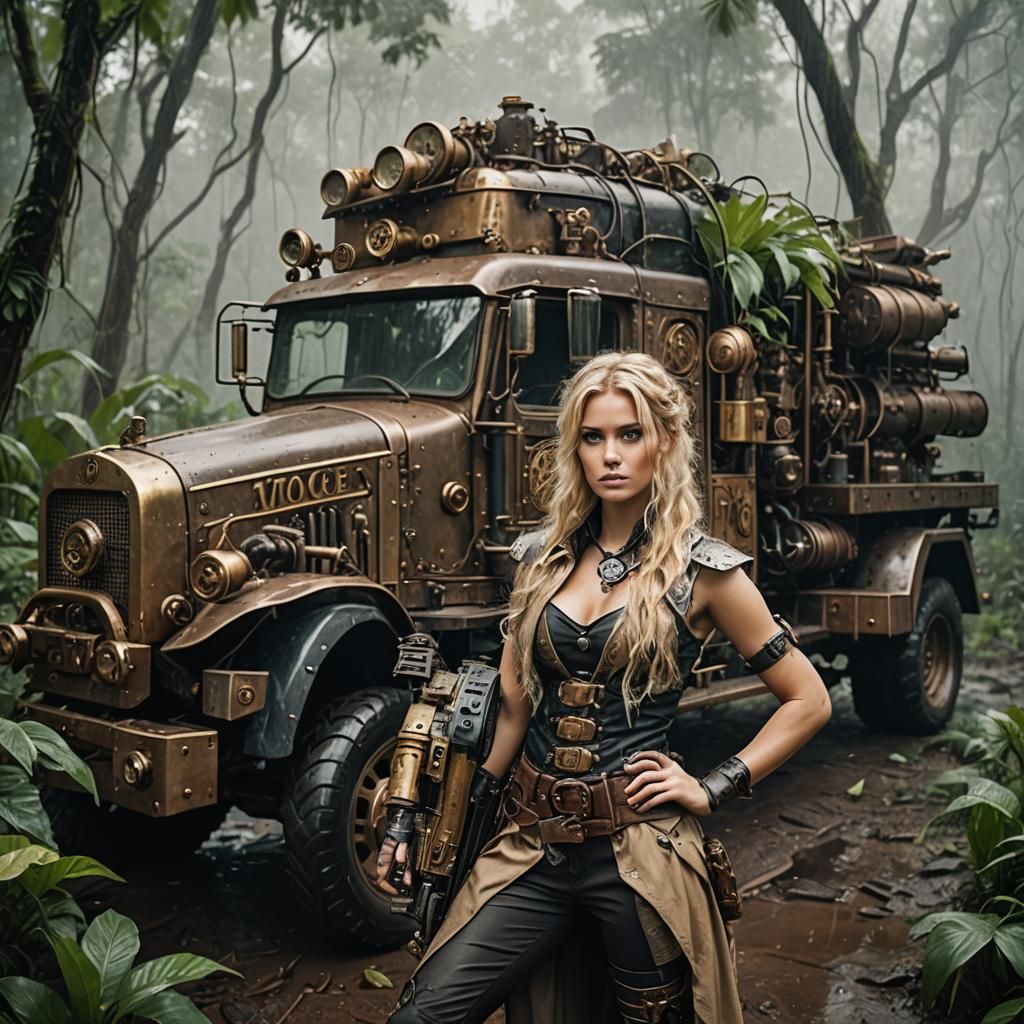 Warrior Woman and Steampunk Truck in Jungle