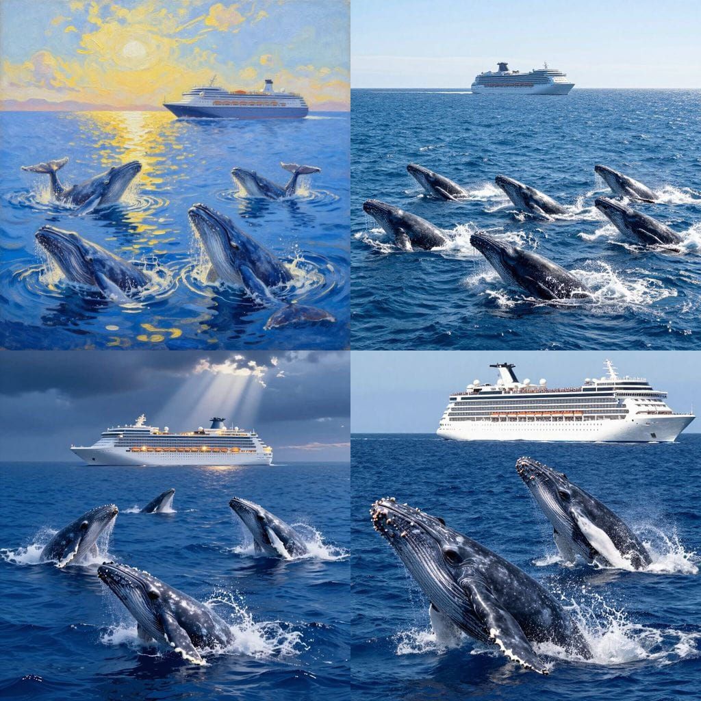 Whales Leap from Blue Ocean as Cruise Ship Arrives