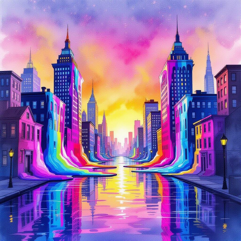 Surreal Watercolour Cityscape in Magenta and Indigo