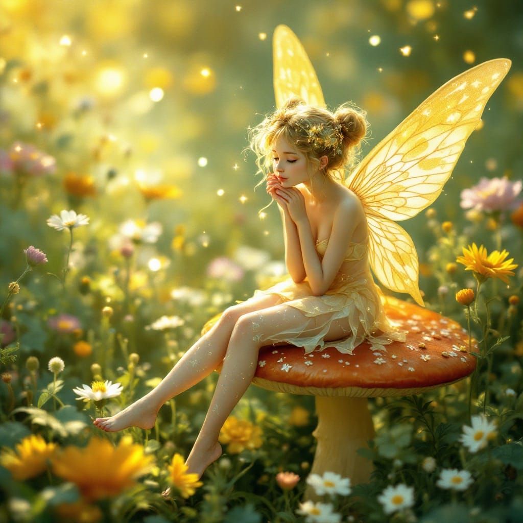 Iridescent Fairy in Lush Meadow, Ethereal Illustration