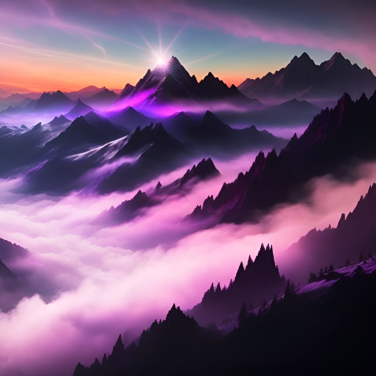 Surreal Sunset Elegance in a Purple-Fogged Mountain Landscap...