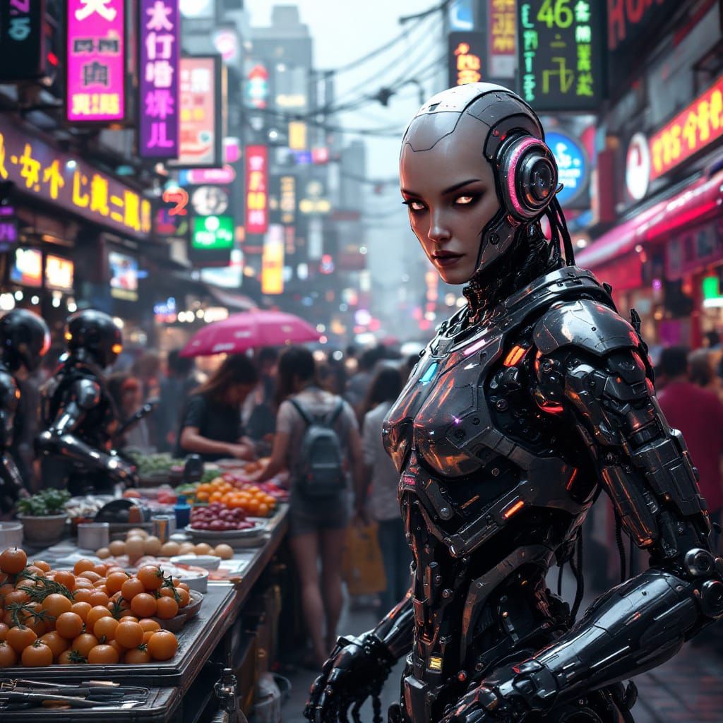 Cyborg Vendor in a Futuristic Market