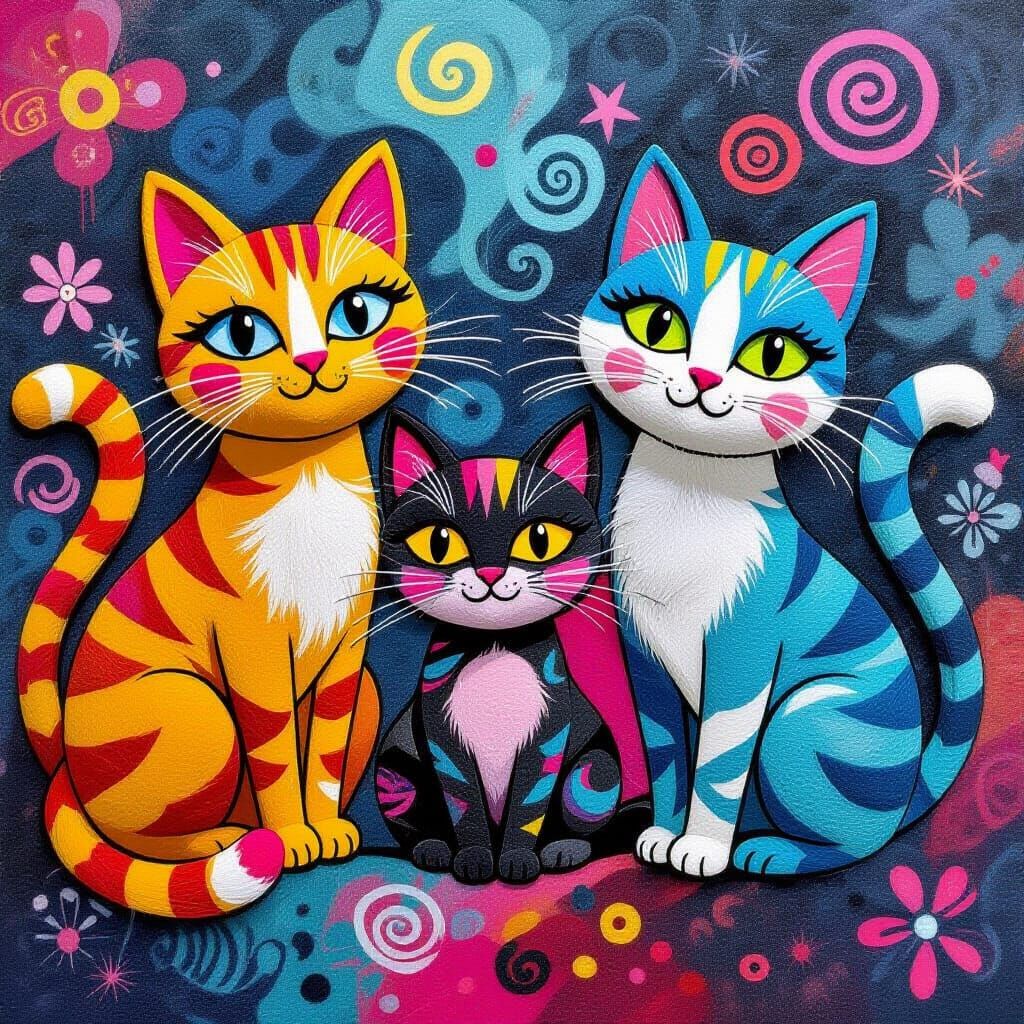 Vibrant Felted Cats in Graffiti Doodle Scene