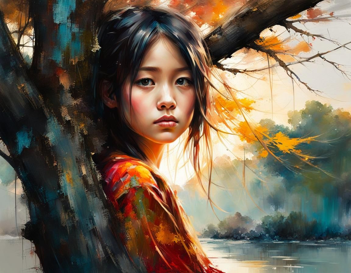 Portrait of a Japanese girl leaning against a tree