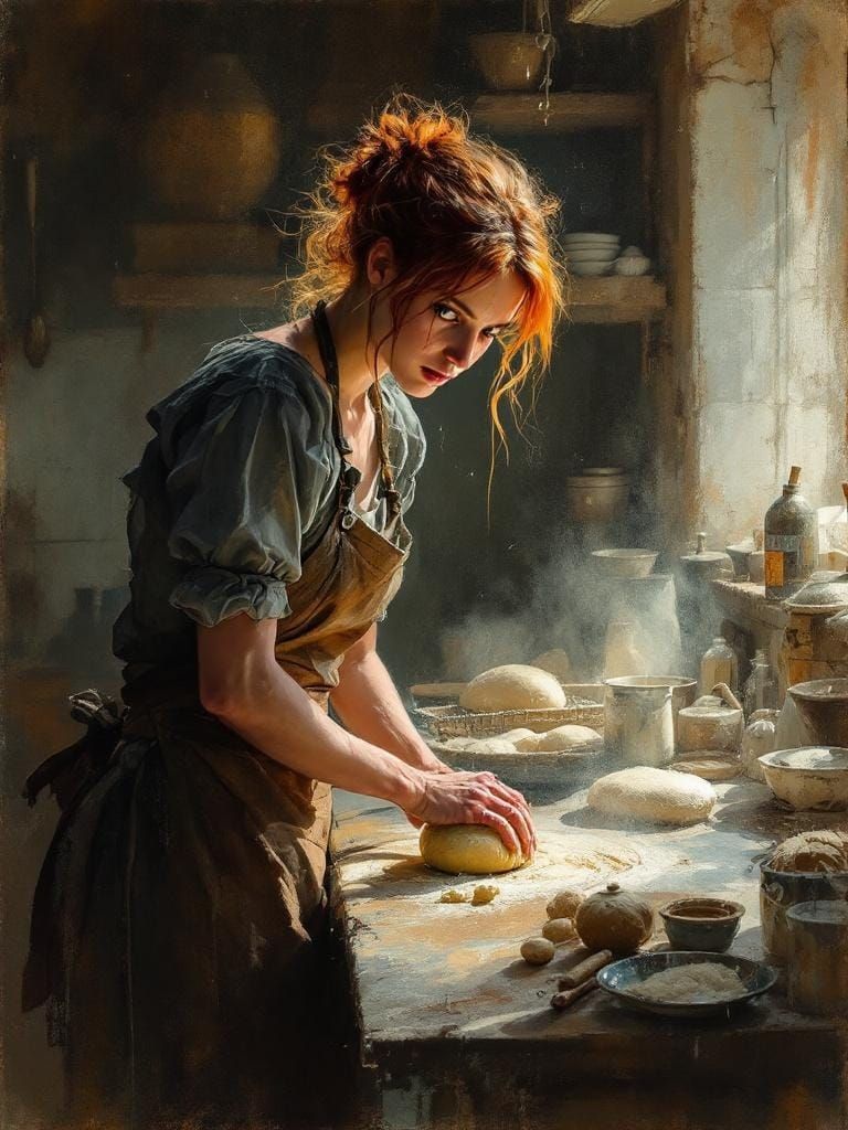 Redhead Baker in Bustling Kitchen as Oil Painting