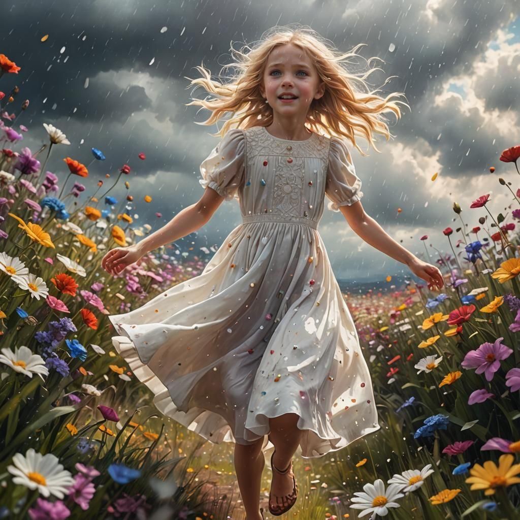 Girl in White Dress Running in Flower Field