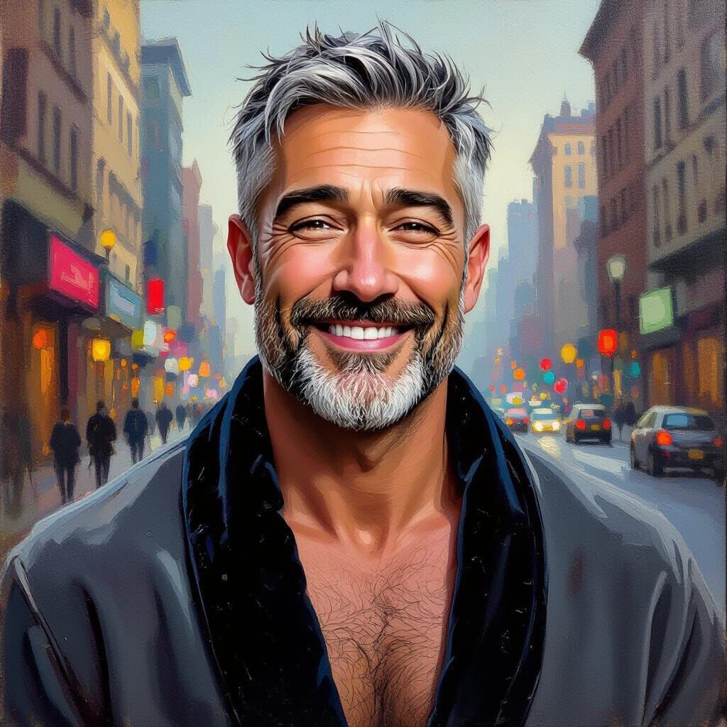 Sad Smiling Daddy Hunk in Cityscape, Impressionist Portrait