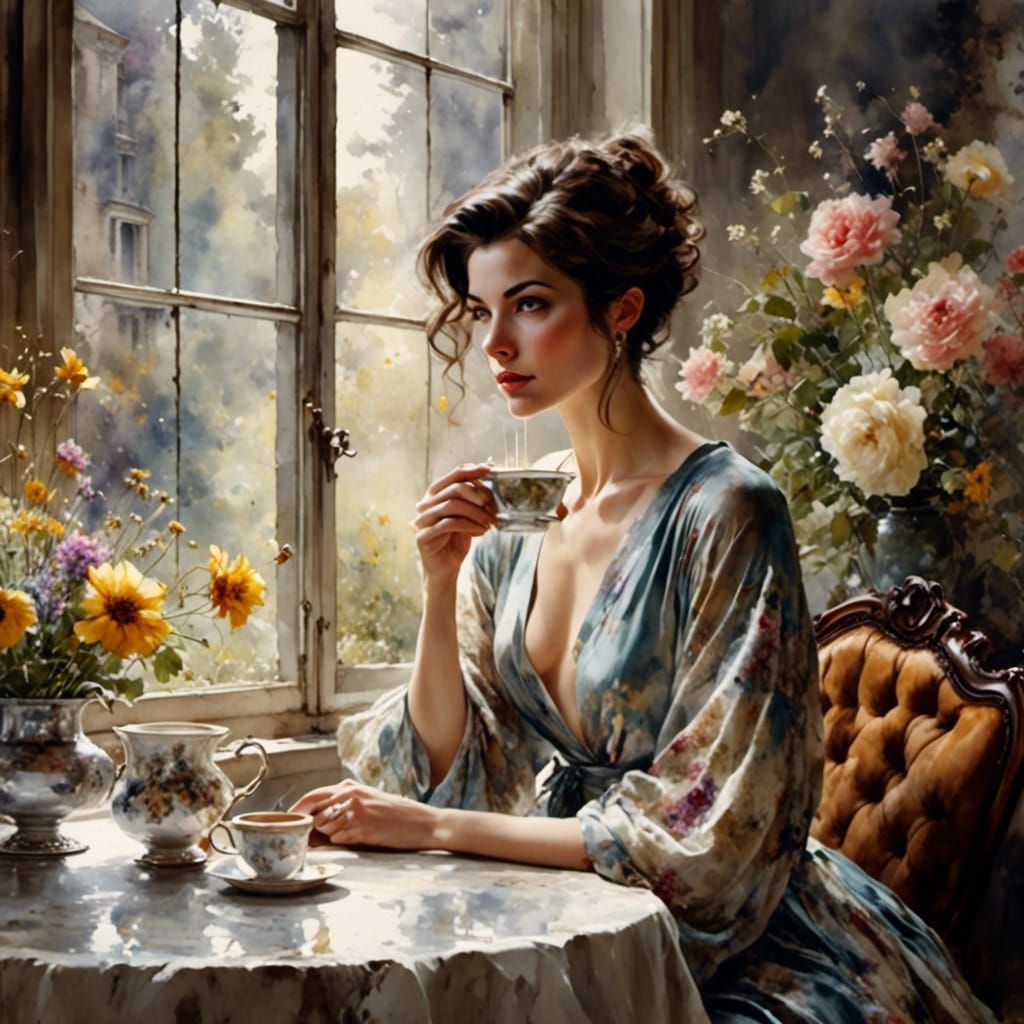 Brunette Coffee Portrait in Antique Watercolor Style