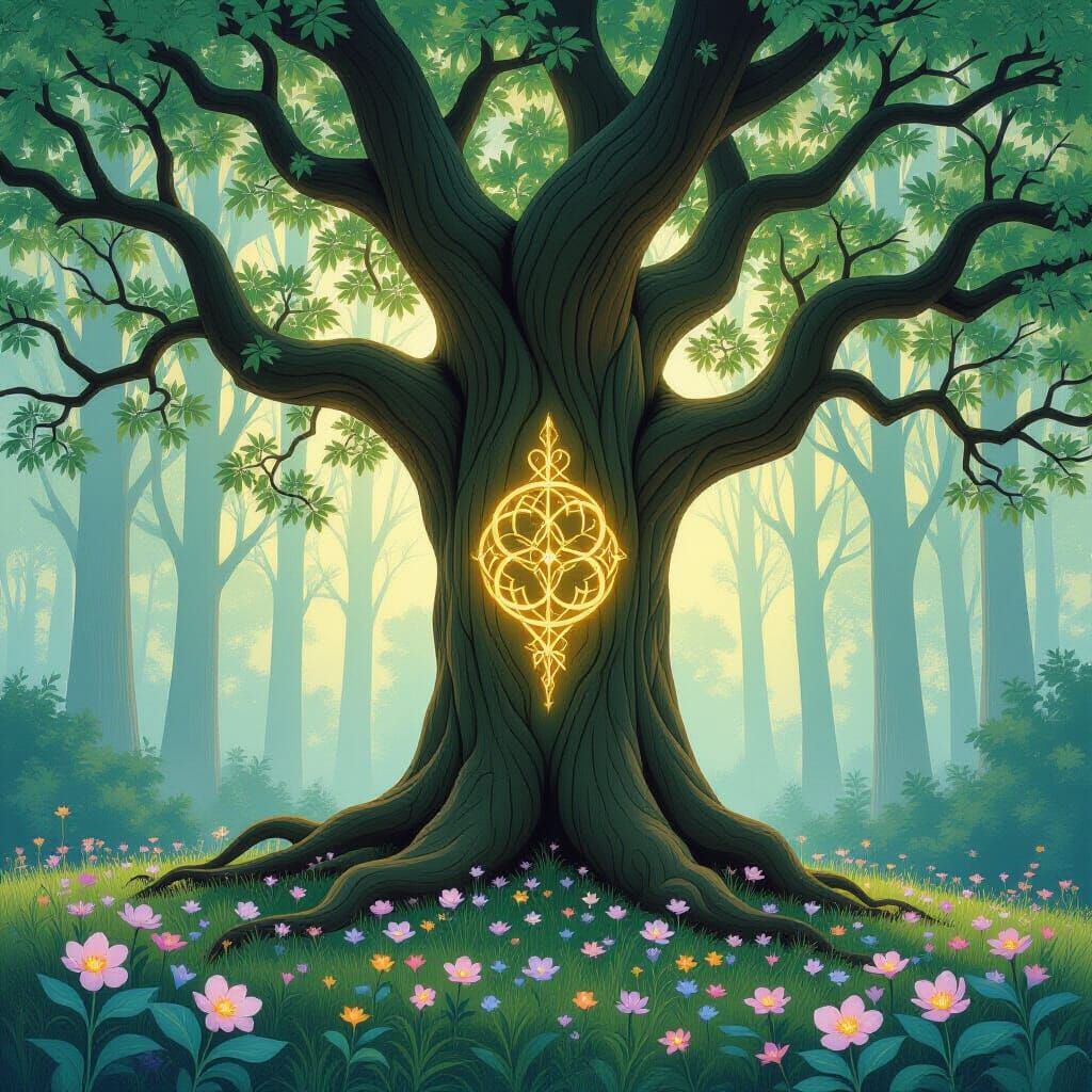 Art Nouveau Oak Tree with Glowing Runes in Misty Forest