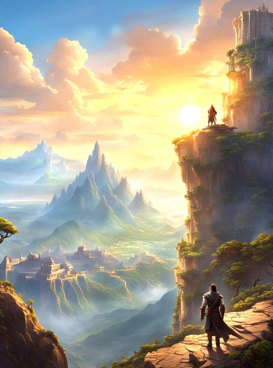 Adventurers Overlook Dragon in High Fantasy Landscape