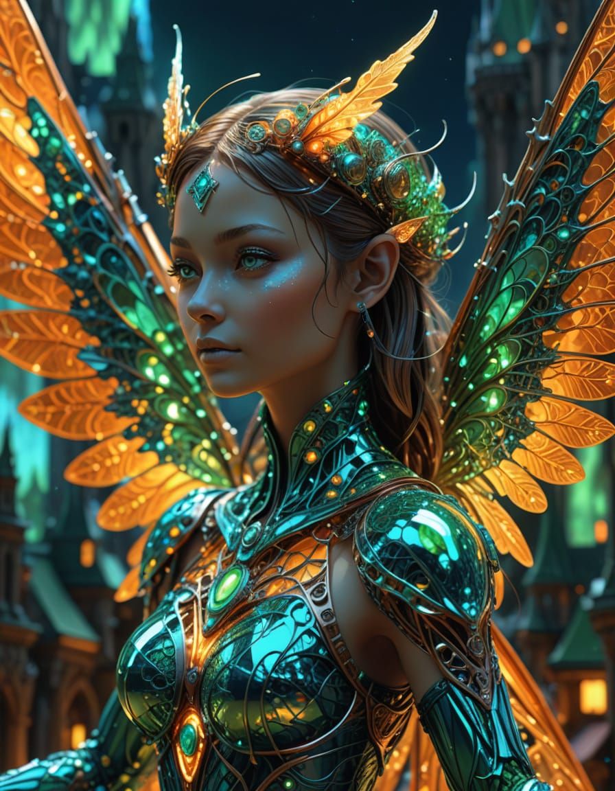 Ethereal Chrome Fairy Dances in Vibrant Fractal Cityscape