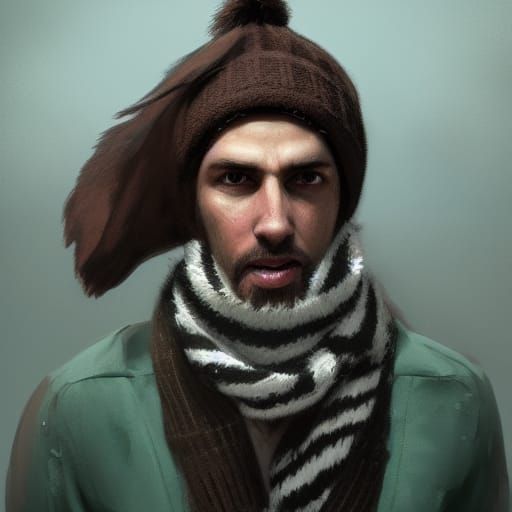 Wolf with Beanie and Scarf, Detailed Digital Art