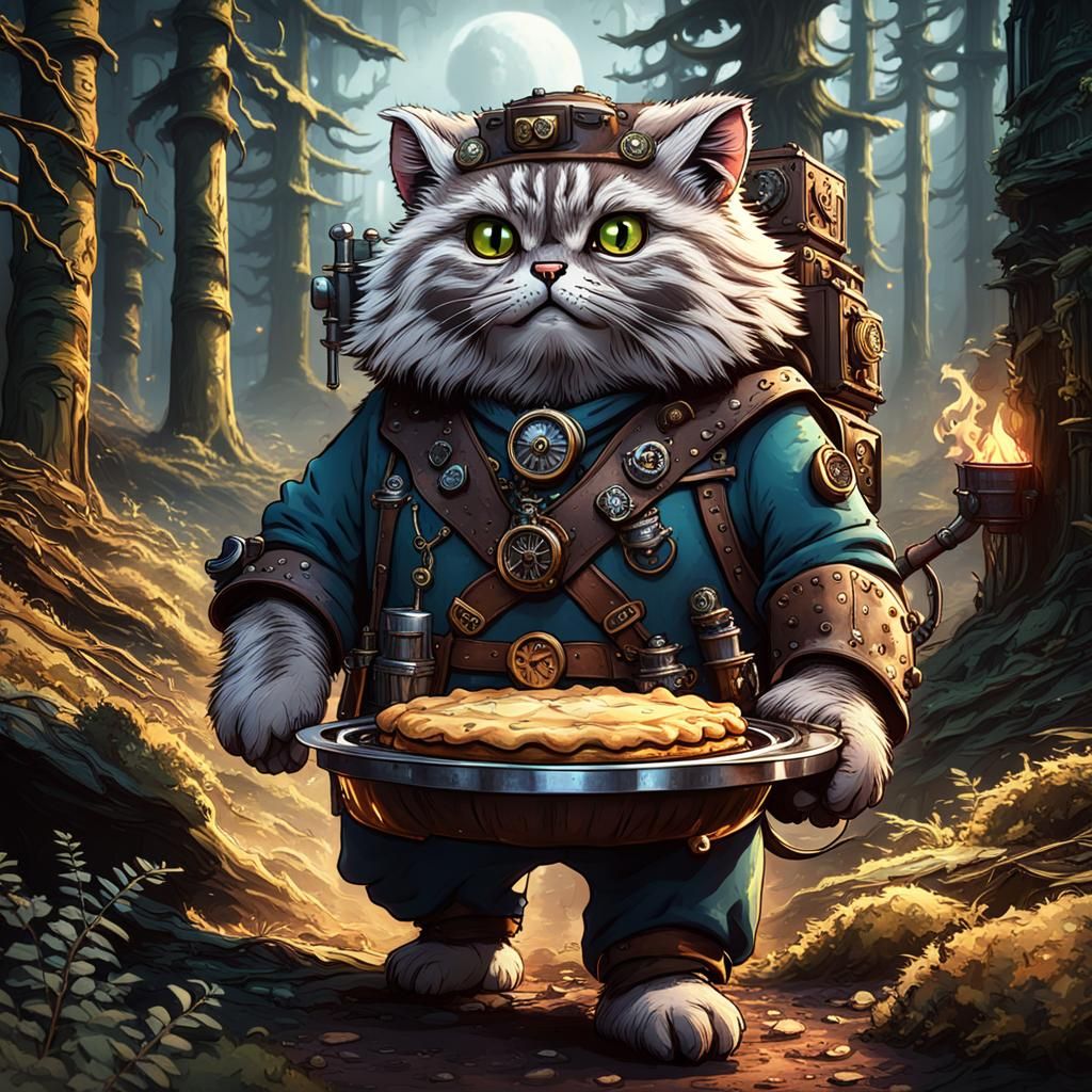 Pallas Cat Merchant in Forest with Steampunk Oven